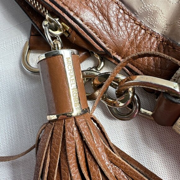 Michael Kors Bradford Crossbody MK Logo Flap Bag Beige/Brown Adjustable Strap - Picture 14 of 16